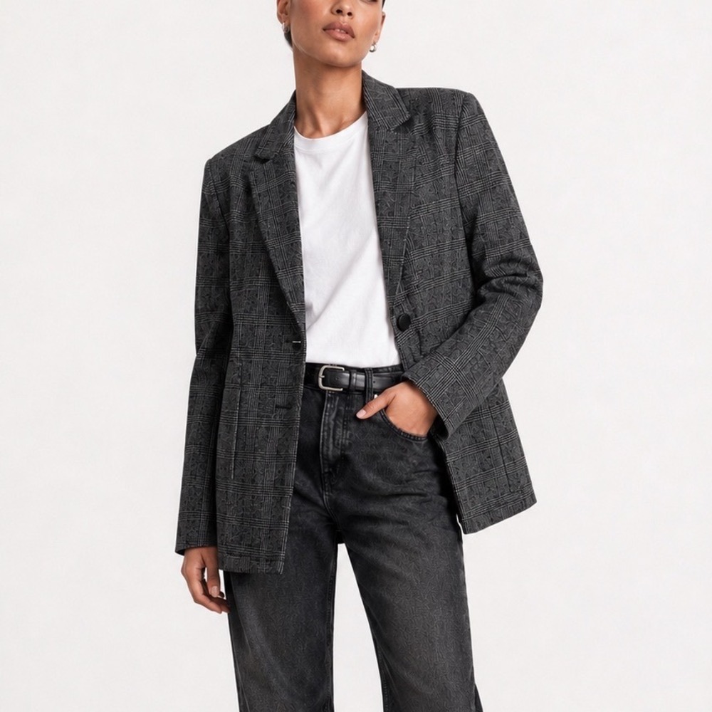 Madewell‎ Glen Plaid Knit Blazer Women's XS Almost Black Oversized Office Smart